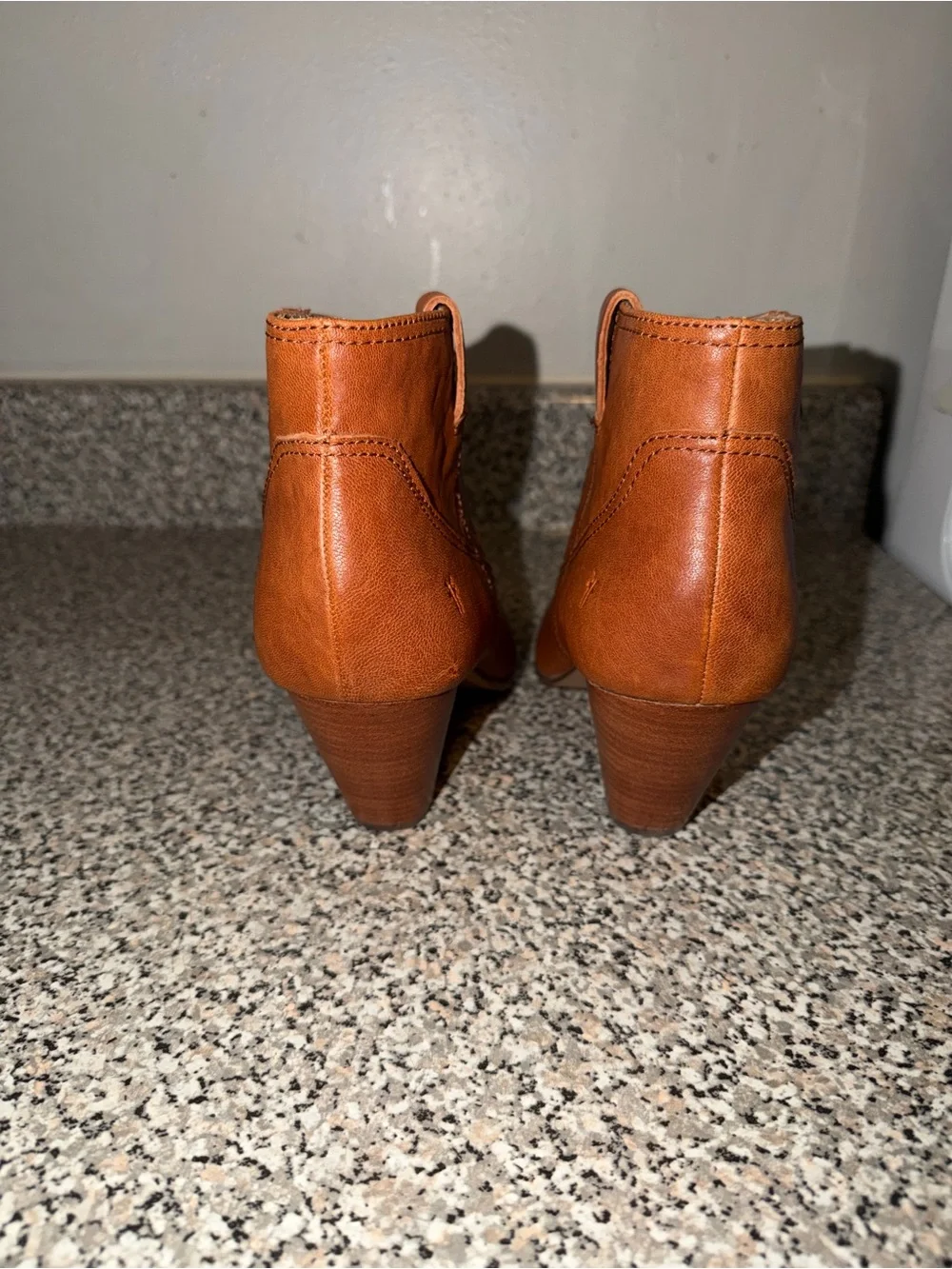 Frye Cognac Leather Ankle Booties with Stacked Heel